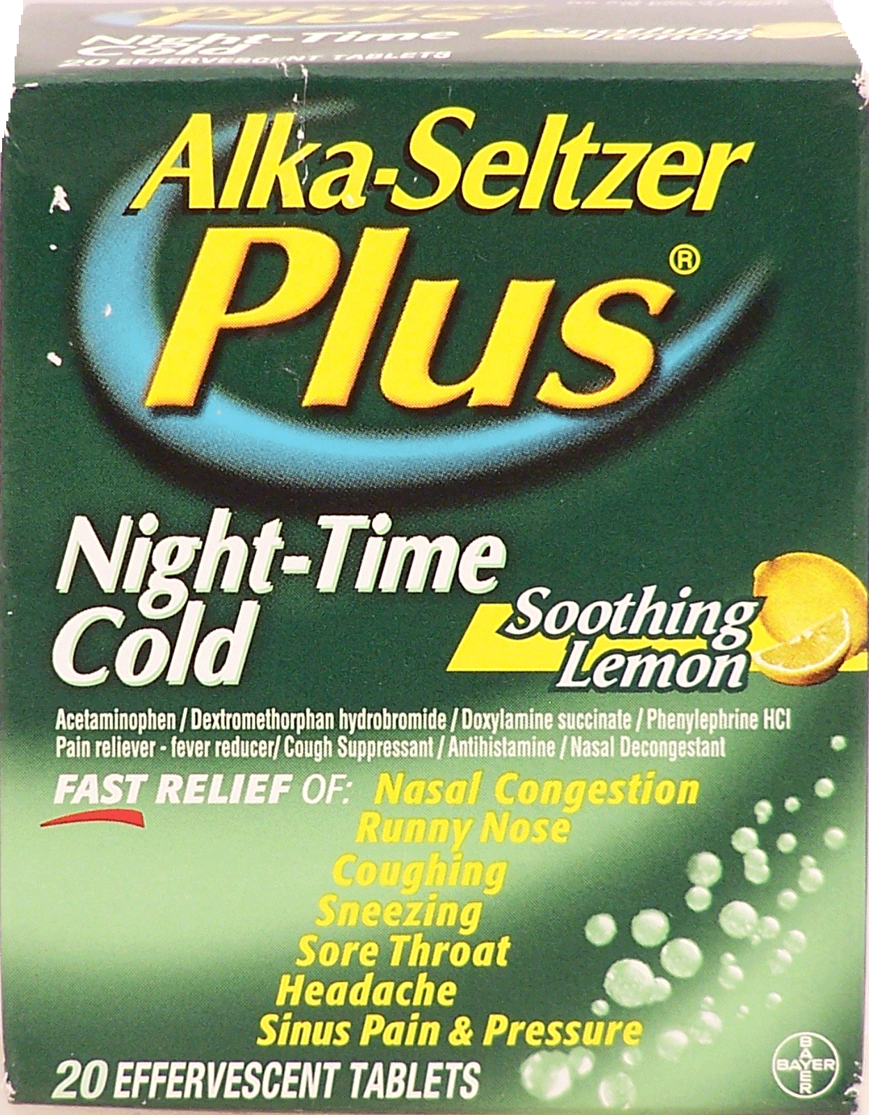 Alka Seltzer&nbsp;Plus&nbsp;night time cold medicine, effervescent tablets, soothing lemon flavor Full-Size Picture